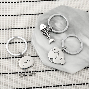 Stainless Steel Cartoon Cat Fishbone Keychain Cute Animal Pendant Keyring For Couples Friends Valentine's Day Jewelry Gift