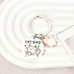 Stainless steel CAT DAD keychain with enamel cat pendant for backpack and gift