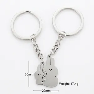 Cute hugging bunny stainless steel puzzle keychain set for couples valentines gift