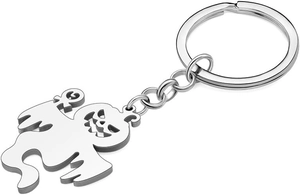 Detailed close-up of polished stainless steel evil pumpkin ghost keychain for Halloween