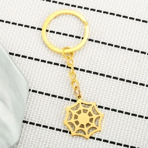 Polished gold stainless steel spider web keychain with flat ring and link chain