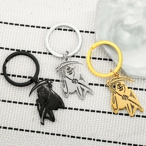 Grim Reaper scythe keychains in black, silver, and gold stainless steel gift set
