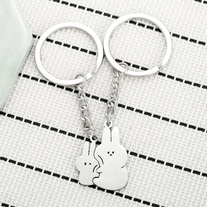 Cute interlocking hugging bunnies stainless steel couple keychain set for gift