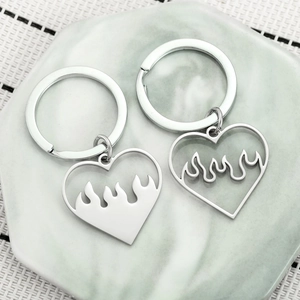 Stainless Steel Heart Flame Keychain Set For Couples Hip Hop Punk Hollow Out Pendant Silver Keyring Jewelry Gift