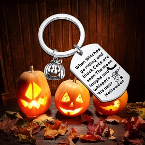Halloween pumpkin keychain with engraved stainless steel dog tag and bat details