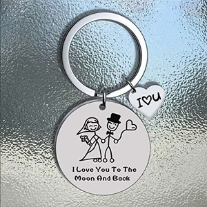 Hochzeit Schlüsselanhänger mit Gravur Moon and Back und Brautpaar Cartoon Motiv