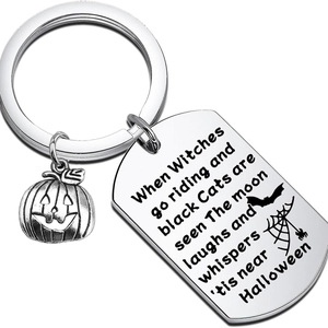 Stainless steel Halloween keychain with pumpkin charm and engraved spooky poem pendant