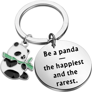 Cute Stainless Steel Panda Keychain With Inspirational Text Round Tag Panda Bamboo Pendant Backpack Charm Key Ring For Gift