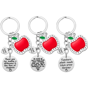 Detailed macro view of polished teacher appreciation keychains with apple and heart charms