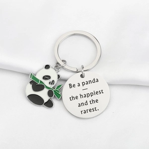 Stainless steel panda keychain with bamboo enamel charm and inspirational engraved metal disc