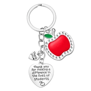 Sparkling apple keychain with rhinestone heart pendants, a perfect gift for teachers