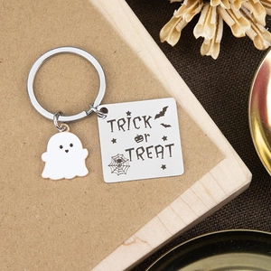 Halloween stainless steel keychain with white ghost pendant and Trick or Treat engraving
