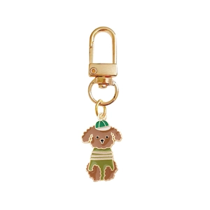 Cute brown Teddy Dog alloy keychain with green hat and lobster clasp on white background