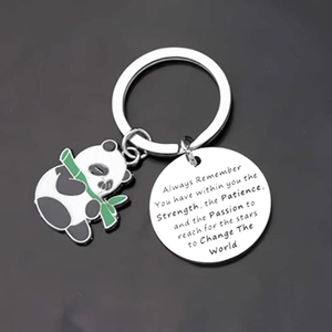 Cute panda stainless steel keychain with bamboo pendant and engraved round charm