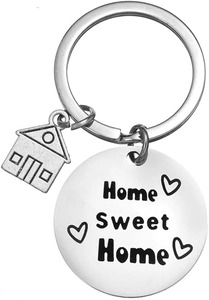 Polished stainless steel keychain with Home Sweet Home engraving and house charm detail