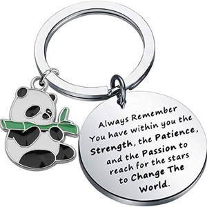 Panda stainless steel keychain with inspirational quote charm and enamel panda charm