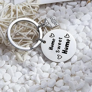 Polished silver stainless steel Home Sweet Home keychain for new homeowners