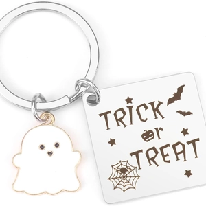 Halloween ghost keychain with Trick or Treat engraved stainless steel tag for bags