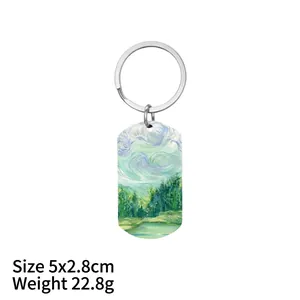 Stainless steel Van Gogh style oil painting keychain with green forest art pendant