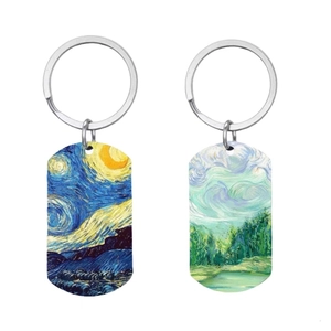 Artistic Stainless Steel Van Gogh Oil Painting Keychain Starry Sky Forest Landscape Pendant Gift Backpack Art Charm For Friends