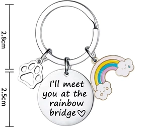 Detail view of the stainless steel rainbow bridge pet memorial keychain with size markings