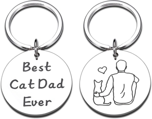 Detail of Best Cat Dad Ever keyrings showing laser engraving and man with cat icon