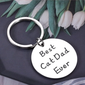 Polished silver stainless steel keychain engraved with Best Cat Dad Ever text for gift
