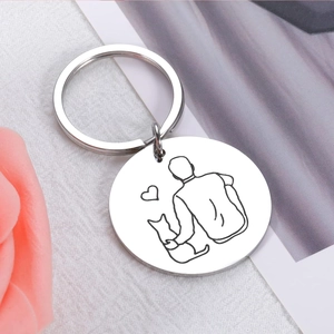 Polished stainless steel Best Cat Dad Ever keychain with minimalist cat lover art