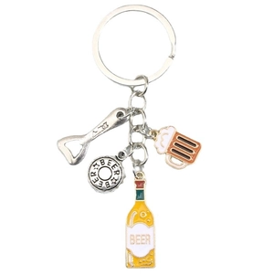 Detail view of beer-themed alloy keychain with mini bottle opener and enamel beer charms