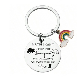 Stainless steel rainbow cloud keychain with engraved round tag for backpack accessory