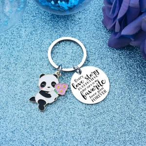 Porte-clés Panda en Acier Inoxydable Gravé Pendentif Fleur Romantique Cadeau Pour Petite Amie Porte-clés Lettre d'Amour