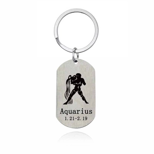 Aquarius zodiac sign engraved rectangular stainless steel keychain with brushed finish