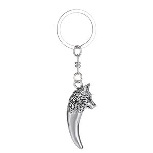 Detail of vintage silver wolf head keychain showing intricate fur textures and sharp fangs