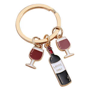 Creative wine bottle and glass keychain with red enamel charms on golden metal ring