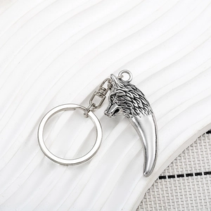 Vintage silver wolf head keychain with intricate fur detail and sturdy metal ring
