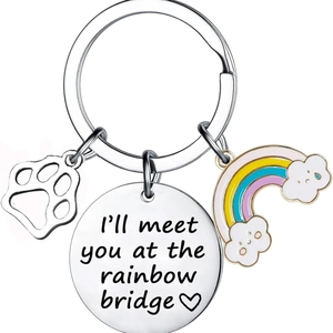 Stainless Steel Pet Memorial Keychain With Rainbow Bridge Engraved Round Pendant Paw Print Sympathy Gift For Dog Cat Lover