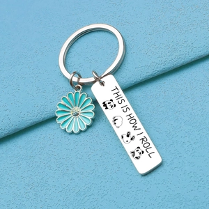Cute panda stainless steel keychain with blue daisy pendant and This Is How I Roll engraving