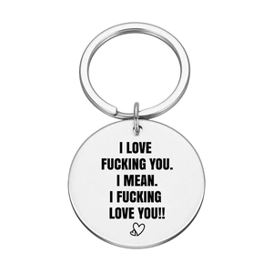 Porte-clés rond en acier inoxydable avec gravure I love you et icônes de cœur