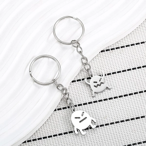 Minimalist stainless steel keychain set with two cartoon emoji character pendants