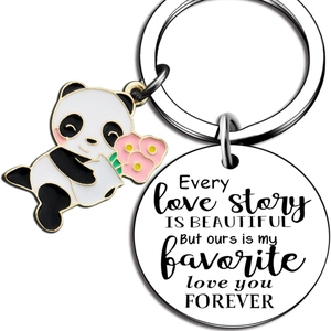 Porte-clés panda mignon en acier inoxydable avec fleur et breloque cœur gravée cadeau