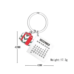 Porte-clés de Noël en métal avec boîte cadeau et calendrier de décembre pendentif