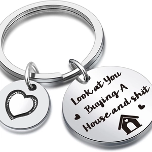 Stainless steel housewarming keychain with heart charm and house icon engraved for new home gift