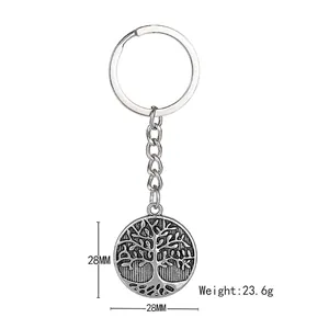 Retro punk Tree of Life metal keychain in antique silver finish with 28mm round pendant