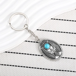 Vintage Zinc Alloy Eagle Scarab Keychain Egyptian Style Antique Silver Blue Artificial Stone Key Ring Men Car Pendant Gift