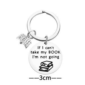 Stainless steel book lover keychain with engraved quote and 3cm round pendant