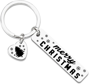 Detail of silver stainless steel Christmas keychain with engraved rectangle and heart charms
