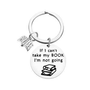 Inspirational stainless steel bookworm keychain with engraved quote and 3D book charm