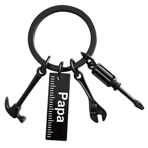 Black stainless steel Papa keychain with hammer, wrench, screwdriver and ruler charms