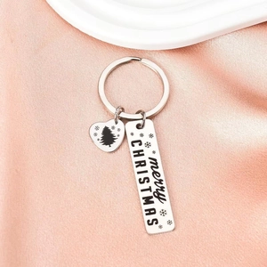 Silver stainless steel Merry Christmas keychain with engraved heart and rectangle charms