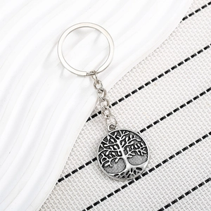 Vintage Antique Silver Zinc Alloy Tree Of Life Keychain Round Hollow Out Pendant Keyring For Backpack Car Keys Unisex